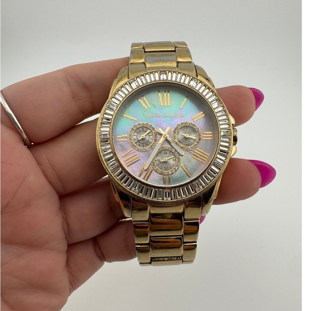 Womens Gold Watch Mother of Pearl Crystal Vince Camuto VC5158 45mm